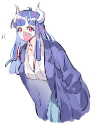 Rule 34 | 1girl, blue coat, blue hair, blue skirt, breasts, cleavage, coat, covered mouth, curled horns, dinosaur girl, horns, large breasts, long hair, looking at viewer, mask, mouth mask, multicolored hair, one piece, pink eyes, pink hair, pink mask, raine (acke2445), shirt, simple background, skirt, solo, streaked hair, ulti (one piece), white background, white shirt