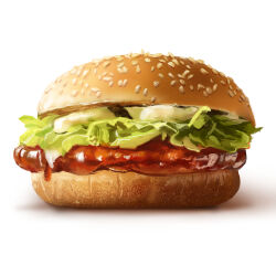 Rule 34 | burger, commentary request, food, food focus, highres, lettuce, making-of available, no humans, original, sesame seeds, shadow, simple background, soy sauce, still life, takaillust, white background