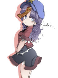 Rule 34 | 1girl, alternate hair length, alternate hairstyle, black skirt, blue eyes, blue hat, blush, breasts, cabbie hat, chinese clothes, closed mouth, commentary request, feet out of frame, hat, hat ornament, highres, jiangshi, lace-trimmed sleeves, lace trim, long hair, looking at viewer, looking to the side, medium breasts, miyako yoshika, ofuda, parted bangs, purple hair, red shirt, shika miso, shirt, short sleeves, simple background, skirt, smile, solo, sparkle, star (symbol), star hat ornament, tangzhuang, touhou, wavy hair, white background