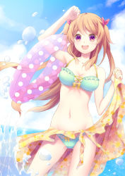 Rule 34 | 1girl, :d, bikini, bow, bow bikini, breasts, brown hair, character request, cleavage, cloud, copyright request, day, gluteal fold, green bikini, hair bow, highres, innertube, lens flare, long hair, looking at viewer, medium breasts, moe2014, navel, open mouth, original, polka dot innertube, sabu (sabudenego), sarong, smile, solo, swim ring, swimsuit, twintails, two side up, very long hair, water