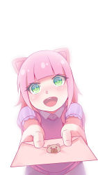 Rule 34 | 1girl, absurdres, animal ears, annie (league of legends), blush, female focus, green eyes, happy, highres, league of legends, looking at viewer, open mouth, pink hair, pink shirt, shirt, short hair, short sleeves, simple background, solo, white background, zhainan s-jun