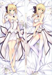 Rule 34 | 2girls, ahoge, artoria pendragon (fate), bare legs, black ribbon, blonde hair, blush, breasts, caliburn (fate), cleavage, dakimakura (medium), detached sleeves, embarrassed, fate/unlimited codes, fate (series), flower, gloves, hair ribbon, lily (flower), lying, medium breasts, miao fan, multiple girls, on back, panties, petals, ribbon, saber (fate), saber lily, thighhighs, underwear, white gloves, white legwear