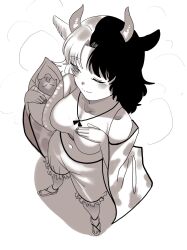 Rule 34 | 1girl, animal ears, animal print, bare shoulders, breasts, cleavage, closed mouth, commentary request, cow ears, cow horns, crop top, frilled shorts, frills, from above, greyscale, haori, highres, holding, horns, japanese clothes, long sleeves, medium breasts, medium hair, monochrome, multicolored hair, navel, one eye closed, sandals, shorts, simple background, solo, split-color hair, sports bra, standing, statue, stomach, touhou, turtle-kun, two-tone hair, ushizaki urumi, white background, wide sleeves