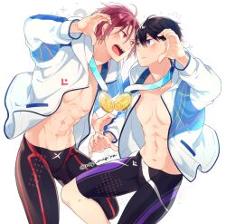Rule 34 | 2boys, abs, black hair, blue eyes, blush, closed mouth, commentary request, free!, frown, heart, heart hands, jacket, male focus, matsuoka rin, medal, multiple boys, nanase haruka (free!), navel, negi mugiya, open clothes, open jacket, open mouth, pectorals, red eyes, red hair, sharp teeth, short hair, sparkle, sportswear, standing, standing on one leg, sweatdrop, teeth, toned, toned male, twitter username, white background
