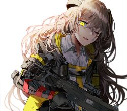 Rule 34 | 1girl, armband, bad id, bad twitter id, bruise, bruise on face, collared shirt, crossed bangs, damaged, dirty, girls&#039; frontline, gloves, gun, h&amp;k ump, hair between eyes, hair ornament, headgear, hood, hood down, hooded jacket, injury, jacket, light brown hair, long hair, looking at viewer, mechanical arms, mod3 (girls&#039; frontline), one-eyed, one side up, open mouth, scar, scar across eye, scar on face, shirt, sidelocks, silence girl, simple background, single mechanical arm, smile, torn clothes, trigger discipline, ump45 (girls&#039; frontline), ump45 (mod3) (girls&#039; frontline), weapon, white background, white shirt, yellow eyes