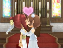 Rule 34 | 2girls, 3d, brown hair, church, closed eyes, dress, earrings, elbow gloves, female focus, from side, gloves, hair bun, hair ornament, hands on another&#039;s shoulders, harvest moon, harvest moon animal parade, heart, jewelry, kiss, multiple girls, sidelocks, single hair bun, standing, wedding, white dress, white gloves, wife and wife, yuri