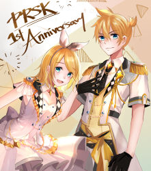 Rule 34 | 1boy, 1girl, :d, black gloves, black necktie, blonde hair, blue eyes, bow, bow hairband, brother and sister, closed mouth, collared shirt, dress, gloves, hair between eyes, hair bow, hairband, highres, kagamine len, kagamine rin, leaning forward, long hair, looking at viewer, more more jump! len, more more jump! rin, necktie, open mouth, parted bangs, shirt, short hair, short sleeves, siblings, sleeveless, sleeveless dress, smile, tsaishanny, vocaloid, white bow, white dress, white hairband, white shirt, wing collar