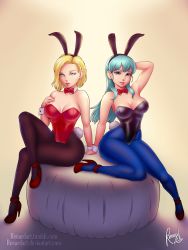 Rule 34 | 2girls, android 18, animal ears, aqua hair, arm support, arm up, bare arms, bare shoulders, black legwear, black leotard, blonde hair, blue eyes, blue pantyhose, bow, bowtie, breasts, brown legwear, bulma, cleavage, crossed legs, detached collar, dragon ball, dragon ball (classic), dragonball z, fake animal ears, full body, grin, hand on own chest, hand up, high heels, highres, large breasts, leotard, looking at viewer, medium breasts, multiple girls, neck, pantyhose, parted lips, playboy bunny, rabbit ears, rabbit tail, red bow, red bowtie, red footwear, red leotard, renardart, short hair, side-by-side, sidelocks, sitting, smile, straight hair, strapless, strapless leotard, tail, wrist cuffs