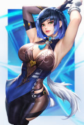 Rule 34 | 1girl, armpits, arms up, asymmetrical clothes, blue hair, breasts, cleavage, genshin impact, green eyes, highres, large breasts, looking at viewer, neoartcore, short hair, solo, tagme, thighs, tongue, tongue out, yelan (genshin impact)