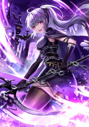 Rule 34 | 1girl, arm strap, asymmetrical gloves, bat (animal), black gloves, black thighhighs, blush, cape, chain, elbow gloves, from side, gloves, highres, holding, holding scythe, kyo (maae00), long hair, looking at viewer, looking to the side, original, parted lips, ponytail, purple eyes, purple hair, scythe, smile, solo, thighhighs, thighs, uneven gloves