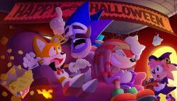 Rule 34 | 1girl, 3boys, absurdres, amy rose, animal ears, brooch, can, closed eyes, dress, food, furry, furry female, furry with non-furry, gloves, grin, halloween, halloween costume, happy halloween, hat, highres, holding, holding can, indoors, interspecies, jewelry, knuckles the echidna, majin sonic, mark hughes, mask, multiple boys, official alternate costume, official art, open mouth, pointing, pointing up, popcorn, purple dress, purple headwear, shoes, smile, smirk, sonic (series), sonic the hedgehog, sonic the hedgehog (classic), surprised, tails (sonic), white gloves, witch hat