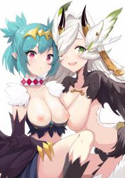 Rule 34 | 2girls, absurdres, animal hands, artist request, blue hair, breasts, brown wings, claws, collar, commission, elil (granblue fantasy), fangs, feathered wings, feathers, granblue fantasy, green eyes, green wings, hair between eyes, hair intakes, harpy, head wings, highres, horns, indie virtual youtuber, lincoro, long hair, looking at viewer, medium breasts, monster girl, multiple girls, nipples, open mouth, parted lips, pointy ears, red eyes, second-party source, short hair, short twintails, twintails, virtual youtuber, white hair, winged arms, wings
