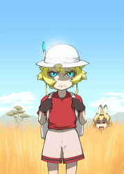 Rule 34 | &gt;:(, 10s, 2girls, :d, alternate costume, animal ears, aqua eyes, blonde hair, blue eyes, cloud, commentary request, cosplay, crossover, day, frown, gloves, hat, kaban (cosplay), kaban (kemono friends), kaban (kemono friends) (cosplay), kemono friends, looking at viewer, multiple girls, no legwear, open mouth, outdoors, partial commentary, red shirt, season connection, serval (kemono friends), shaded face, shirt, short hair, short sleeves, shorts, sky, smile, sweatdrop, tanya degurechaff, tree, ueyama michirou, v-shaped eyebrows, youjo senki