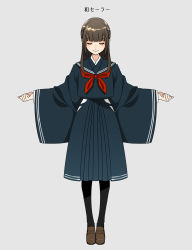 Rule 34 | 1girl, absurdres, black pantyhose, black serafuku, brown hair, closed eyes, closed mouth, facing viewer, full body, furisode, grey background, half updo, hanatsuki, highres, hip vent, japanese clothes, kimono, long hair, long sleeves, neckerchief, original, outstretched arms, pantyhose, pleated skirt, red neckerchief, school uniform, serafuku, simple background, skirt, skirt set, smile, solo, standing, translation request, wide sleeves