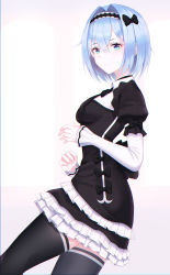 Rule 34 | 1girl, absurdres, black bow, black dress, black thighhighs, blue eyes, blue hair, bow, dress, from side, gothic lolita, hair between eyes, hair bow, hair intakes, hairband, highres, layered dress, layered sleeves, lolita fashion, long sleeves, looking at viewer, michelan, ryuuou no oshigoto!, short dress, short hair, short over long sleeves, short sleeves, simple background, solo, sora ginko, thighhighs, white background, zettai ryouiki