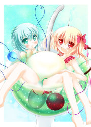 Rule 34 | 2girls, blonde hair, blush, bow, drink, flandre scarlet, food, food on face, gradient background, green eyes, green hair, hair bow, heart, heart-shaped pupils, ice cream, ice cream float, ice cream on face, komeiji koishi, multiple girls, open mouth, red eyes, swimsuit, symbol-shaped pupils, third eye, touhou, white water