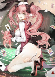 Rule 34 | 1girl, animal ear fluff, animal ears, ass, black bow, black footwear, black gloves, blackjack table, blush, bow, breasts, card, coattails, collared shirt, corset, dress shirt, fate/grand order, fate (series), fox tail, glasses, gloves, hair between eyes, hair bow, heart, high heels, highres, koyanskaya (assassin) (second ascension) (fate), koyanskaya (fate), large breasts, licking lips, long hair, long sleeves, looking at viewer, looking to the side, pantyhose, pink hair, playing card, rabbit ears, shirt, sidelocks, smile, solo, spoken heart, table, tail, tamamo (fate), tongue, tongue out, torn clothes, torn pantyhose, twintails, underbust, white pantyhose, white shirt, yellow eyes, yukineko1018
