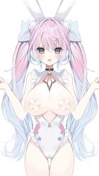 Rule 34 | 1girl, :3, animal ear fluff, animal ears, bare shoulders, between breasts, black choker, blue eyes, blue hair, blue ribbon, blush, breasts, choker, cleavage, commentary, frilled leotard, frills, gradient hair, hair intakes, hair ribbon, heart, heart choker, heart o-ring, highres, large breasts, leotard, light blue hair, long hair, looking at viewer, multicolored hair, original, pasties, pink hair, pink ribbon, rabbit ears, ribbon, ribbon between breasts, simple background, smile, solo, standing, symbol-only commentary, tape, tape on nipples, thighs, tongue, tongue out, twintails, two-tone hair, white background, white leotard, x, yupi (yuyupiko01), zipper leotard, zipper pull tab