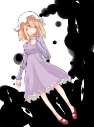 Rule 34 | 1girl, black clouds, blonde hair, creepy, dress, floating, hand on own chest, hat, horror (theme), looking to the side, maribel hearn, mary janes, mob cap, purple dress, red footwear, shiroshi (denpa eshidan), shoes, simple background, solo, staring, touhou, worried, yellow eyes