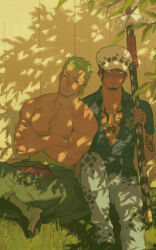 Rule 34 | 2boys, absurdres, arm tattoo, bara, black hair, black shirt, blush, chest tattoo, closed eyes, closed mouth, crossed arms, earrings, facial hair, goatee, green hair, hat, highres, jewelry, kia shie, large pectorals, looking at another, male focus, multiple boys, muscular, muscular male, nipples, one piece, pants, pectorals, roronoa zoro, shirt, short hair, single earring, tattoo, topless male, trafalgar law, weapon, white pants, yaoi