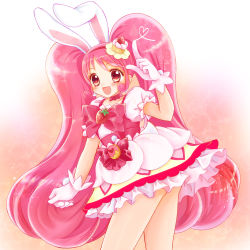 Rule 34 | 10s, 1girl, :d, animal ears, rabbit ears, cake hair ornament, choker, cure whip, earrings, food, food-themed hair ornament, fruit, hair ornament, highres, index finger raised, kirakira precure a la mode, long hair, looking at viewer, magical girl, open mouth, pink choker, pink eyes, pink hair, pom pom (clothes), pom pom earrings, precure, shararan, smile, solo, strawberry, twintails, usami ichika