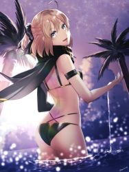 Rule 34 | 1girl, ahoge, ass, black bow, black gloves, black panties, black scarf, blonde hair, bow, breasts, butt crack, commentary, english commentary, fate/grand order, fate (series), gloves, grey eyes, hair between eyes, hair bow, highres, looking at viewer, looking back, medium breasts, okita j. souji (fate), okita j. souji (first ascension) (fate), okita souji (fate), okita souji (koha-ace), open mouth, palm tree, panties, purple sky, scarf, short hair, signature, simple background, single glove, sky, smile, solo, thighhighs, tree, twitter username, underwear, wading, white background, yae art0v0