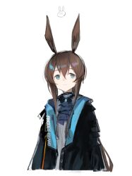 Rule 34 | 1girl, amiya (arknights), animal ears, arknights, ascot, astg, black jacket, blue ascot, blue eyes, brown hair, choker, closed mouth, clothes writing, cropped torso, hair between eyes, jacket, long sleeves, open clothes, open jacket, rabbit ears, rabbit girl, simple background, solo, upper body, white background