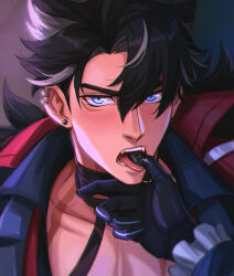 Rule 34 | 2boys, artist name, bandaged neck, bandages, black gloves, black hair, black shirt, blue eyes, blush, chalseu, coat, coat on shoulders, collarbone, collared shirt, commentary, ear piercing, earrings, english commentary, facial scar, fangs, finger in another&#039;s mouth, frilled sleeves, frills, fur-trimmed coat, fur trim, genshin impact, gloves, grey hair, hair between eyes, highres, jewelry, long sleeves, looking at viewer, male focus, multicolored hair, multiple boys, neuvillette (genshin impact), open mouth, parted bangs, pectorals, piercing, pov, pov hands, saliva, scar, scar on cheek, scar on face, scar on neck, shirt, short hair, solo focus, streaked hair, stud earrings, teeth, tongue, tongue out, two-sided coat, two-sided fabric, v-shaped eyebrows, wriothesley (genshin impact), yaoi