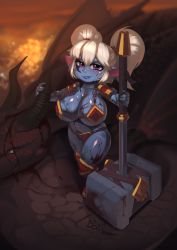 Rule 34 | 1girl, 1other, after battle, armor, bikini, bikini armor, bikupan, blonde hair, blood, bloody weapon, blue lips, blue skin, breasts, cleavage, colored skin, commentary, commission, dragon, english commentary, full body, greaves, huge breasts, huge weapon, league of legends, looking at viewer, pink eyes, planted, pointy ears, poppy (league of legends), red bikini, shortstack, shoulder armor, smirk, solo, solo focus, standing, sweat, swimsuit, thick thighs, thighs, twintails, underboob, war hammer, weapon, yordle