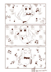 Rule 34 | (o) (o), 10s, 4koma, beamed quavers, comic, commentary request, dancing, highres, horns, kantai collection, long hair, monochrome, moomin, muppo, musical note, naked towel, northern ocean princess, quaver, sazanami konami, silent comic, tail, towel, translation request