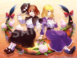 2girls 60mai :d belt black_footwear black_hat black_skirt blonde_hair boots bouquet breasts brown_belt brown_eyes brown_hair closed_mouth collared_shirt commentary_request dress fedora flower frilled_sleeves frills gap_(touhou) hat holding holding_hat holding_unworn_clothes juliet_sleeves loafers long_sleeves maribel_hearn mary_janes medium_hair michi_no_hana_michi_no_tabi mob_cap multiple_girls necktie offering_hand open_mouth parted_lips puffy_sleeves purple_dress red_necktie shirt shoes sitting skirt sky small_breasts smile socks tie_clip touhou unworn_hat unworn_headwear usami_renko white_hat white_shirt white_socks yellow_eyes