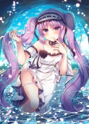 Rule 34 | 1girl, cave, dress, euryale (fate), fate/grand order, fate/hollow ataraxia, fate (series), hairband, headdress, highres, lolita hairband, long hair, partially submerged, petals, purple eyes, purple hair, solo, standing, suzunone rena, twintails, very long hair, wading, white dress