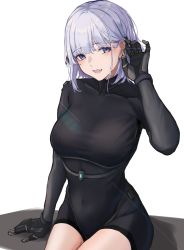Rule 34 | 1girl, 3 small spiders, absurdres, arm support, black dress, black gloves, black shorts, blush, breasts, dress, girls&#039; frontline, gloves, grey hair, hand in own hair, highres, large breasts, looking at viewer, purple eyes, rpk-16 (girls&#039; frontline), short hair, shorts, simple background, sitting, solo, white background