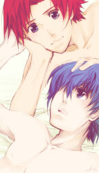 Rule 34 | 2boys, :d, artist request, bed, blue eyes, blue hair, closed mouth, collarbone, couple, fire emblem, hair over one eye, hand on another&#039;s face, hand up, happy, looking at another, lying, male focus, marth (fire emblem), multiple boys, neck, nintendo, nude, on back, on bed, open mouth, red hair, roy, roy (fire emblem), short hair, smile, super smash bros., yaoi