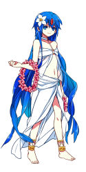Rule 34 | 1boy, aladdin (magi), androgynous, barefoot, blue eyes, blue hair, braid, feet, flower, hair flower, hair ornament, in kai, jewelry, long hair, magi the labyrinth of magic, male focus, matching hair/eyes, midriff, navel, necklace, simple background, single braid, smile, solo, standing, trap, very long hair, white background