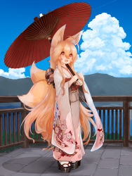 Rule 34 | 1girl, :3, :d, ahoge, animal ears, blonde hair, blue sky, blush, cloud, day, fang, floral print, fox ears, fox tail, full body, hachachi, hair between eyes, highres, indie virtual youtuber, japanese clothes, kimono, lake, long hair, long sleeves, looking at viewer, mountain, multiple tails, obi, oil-paper umbrella, open mouth, orange eyes, original, outdoors, platform clogs, sash, sky, smile, solo, standing, tail, umbrella, very long hair, virtual youtuber, wide sleeves