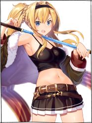 Rule 34 | 1girl, armpits, bare shoulders, belt, black shirt, black skirt, blonde hair, blue eyes, blurry, braid, breasts, brown jacket, camisole, collarbone, cowboy shot, crop top, fur trim, granblue fantasy, groin, hair intakes, hairband, highres, jacket, kei (soundcross), long hair, looking at viewer, medium breasts, midriff, miniskirt, navel, off shoulder, open clothes, open jacket, open mouth, pleated skirt, polearm, shirt, skirt, sleeveless, sleeveless shirt, smile, solo, spaghetti strap, standing, stomach, twintails, v-shaped eyebrows, weapon, white background, zeta (dark) (granblue fantasy), zeta (granblue fantasy)