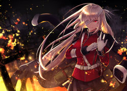 Rule 34 | 1girl, bag, bandage over one eye, burning, fate/grand order, fate (series), fire, florence nightingale (fate), florence nightingale (third ascension) (fate), gloves, gun, itsumi mita, jacket, jacket on shoulders, long hair, pink hair, red eyes, satchel, serious, skirt, solo, very long hair, weapon, white gloves