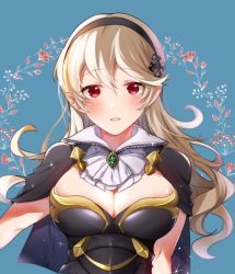 Rule 34 | 1girl, armor, black armor, blonde hair, blue background, blush, breasts, cape, cleavage, collared dress, corrin (female) (fire emblem), corrin (fire emblem), dress, fire emblem, fire emblem fates, hair between eyes, large breasts, looking at viewer, nekolook, nintendo, parted lips, pointy ears, portrait, red eyes, solo, upper body