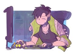 Rule 34 | 1boy, = =, apex legends, black gloves, black hair, black shirt, character doll, closed eyes, collarbone, crypto (apex legends), da chuang fang, expressionless, gloves, grey jacket, jacket, jacket on shoulders, jewelry, keyboard (computer), male focus, mochikororin, mouse (computer), necklace, octane (apex legends), parted hair, shirt, solo, undercut