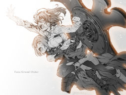 Rule 34 | 2girls, ahoge, armor, armored boots, bare shoulders, battle, blood, blood on face, boots, cape, clenched hand, commentary request, copyright name, detached sleeves, elbow gloves, fate/grand order, fate (series), fujimaru ritsuka (female), gloves, greyscale, holding, holding shield, light, light particles, long sleeves, mash kyrielight, miniskirt, monochrome, multiple girls, open mouth, outstretched arm, outstretched hand, pantyhose, reaching, scrunchie, shield, short hair, side ponytail, simple background, skirt, torn cape, torn clothes, torn legwear, torn sleeves, twitter username, white background, zanzaka (atsg7472)