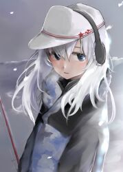 Rule 34 | 1girl, 73suke, absurdres, black jacket, blue eyes, camouflage, commentary request, earmuffs, flat cap, hat, hibiki (kancolle), highres, jacket, kantai collection, long hair, looking at viewer, solo, upper body, verniy (kancolle), verniy (saury festival) (kancolle), white hair, white hat