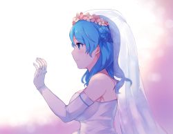 Rule 34 | 10s, absurdres, alternate costume, bare shoulders, blue eyes, blue hair, blush, breasts, bridal veil, double bun, dress, elbow gloves, flower, gloves, highres, jewelry, kantai collection, large breasts, light smile, looking to the side, ring, senbei (senbe i), solo, urakaze (kancolle), veil, wedding band, wedding dress, white dress