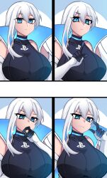 Rule 34 | 1girl, 4koma, absurdres, blue eyes, breasts, comic, detached sleeves, game console, hair between eyes, high collar, highres, large breasts, long hair, merryweather, original, osiimi, playstation 5, playstation logo, product girl, ps5 chan, solo, square 4koma, thinking, white hair