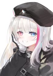 Rule 34 | 1girl, bad id, bad pixiv id, beret, black hat, black jacket, blue eyes, blush, commentary request, dokomon, girls&#039; frontline, glint, gloves, grin, hand up, hat, heterochromia, highres, jacket, korean commentary, long hair, long sleeves, looking at viewer, mdr (girls&#039; frontline), multicolored hair, one side up, purple hair, red eyes, silver hair, simple background, smile, solo, streaked hair, upper body, white background, white gloves