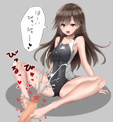 Rule 34 | 1boy, 1girl, admiral (kancolle), arashio (kancolle), arashio kai ni (kancolle), barefoot, bdsm, black one-piece swimsuit, breasts, brown hair, censored, commission, competition swimsuit, covered navel, feet, femdom, footjob, hagakure kurage, hetero, highres, indian style, kantai collection, legs, long hair, navel, no shoes, one-piece swimsuit, orange hair, penis, profanity, sadism, silver one-piece swimsuit, simple background, sitting, skeb commission, small breasts, smile, soles, swimsuit, teeth, toes, translation request, two-tone swimsuit