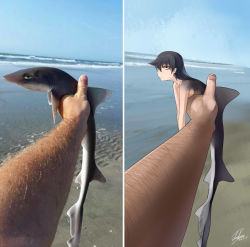 Rule 34 | 1boy, 1girl, animal, arm hair, beach, black eyes, black hair, blue sky, breast press, breasts, completely nude, darkmaya, dated, day, fingernails, glaring, green eyes, holding, jitome, long hair, looking at viewer, mermaid, mini person, minigirl, monster girl, nude, ocean, outdoors, outstretched arm, personification, photo-referenced, photo (medium), photo inset, pov, profile, real life, reference inset, reference photo, sand, shark, shark girl, shore, sideboob, signature, sky, sunlight, unamused, waves