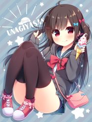 Rule 34 | 1girl, :p, ahoge, bag, blue bow, blue sailor collar, blue sky, blush, bow, bowtie, brown hair, brown thighhighs, closed mouth, commentary, convenient leg, diagonal stripes, drawstring, food, full body, grey jacket, hair between eyes, hair bow, hair ornament, hairclip, hanamiya natsuka, handbag, hands up, holding, holding food, hood, hood down, hooded jacket, ice cream, ice cream cone, jacket, knees up, long hair, long sleeves, original, pigeon-toed, pink bow, plaid, plaid skirt, pleated skirt, red bow, red bowtie, red eyes, red footwear, sailor collar, school uniform, serafuku, shirt, shoes, shoulder bag, skirt, sky, sleeves past wrists, smile, soft serve, solo, star (symbol), striped, striped background, thighhighs, tongue, tongue out, two side up, very long hair, w, white shirt