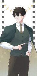 Rule 34 | 1boy, black hair, brown eyes, brown necktie, commentary, formal, glasses, hand on own hip, highres, holding, holding wand, long sleeves, male focus, mashle, megane ox4, necktie, orter madl, school uniform, shirt, solo, standing, suit, wand, white background, white shirt