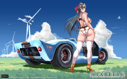 Rule 34 | 10s, 1girl, animal ears, ass, back, breasts, car, cloud, copyright name, curvy, day, empress (studio), fake animal ears, female focus, ford, from behind, green hair, gt spider, high heels, highres, large breasts, long hair, mamiya marika, motor vehicle, outdoors, sei shoujo, shoes, sideboob, sky, solo, starless, thighhighs, vehicle, vehicle focus, white thighhighs, will (company), wind turbine, windmill